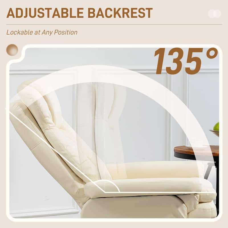 Cream White Adjustable Recliner Including Ottoman with Padded Seat and Flared Armrests Swivel Base