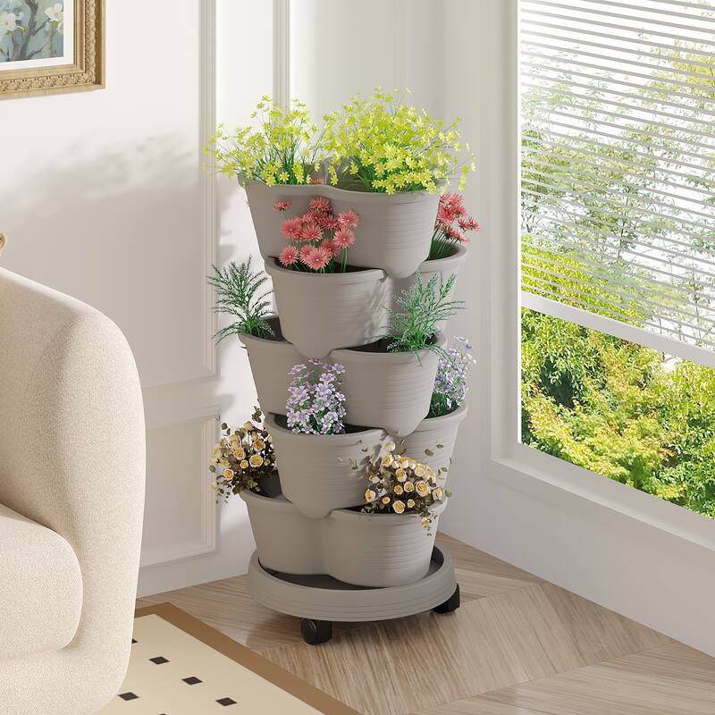 Vertical Strawberry Planter 5 Tier Hanging Vertical Gardening Planter Stackable Garden Tower Pot for Strawberries Flowers - Light Grey