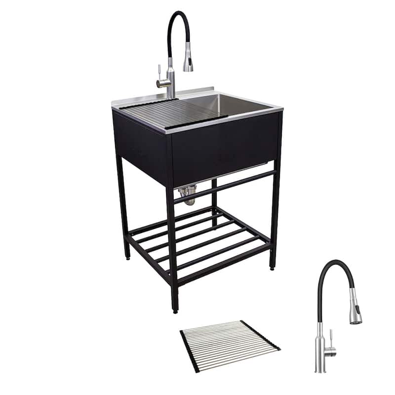 Transolid TFH-2522 25-in. Stainless Steel Laundry Sink with Wash Stand - Black