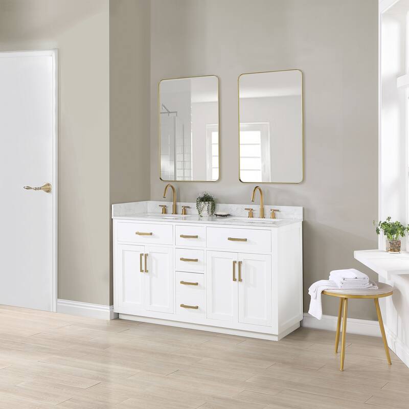 Altair Gavino Bath Vanity with Grain White Composite Stone Top and Mirror - 60 inch - White+Brushed Gold