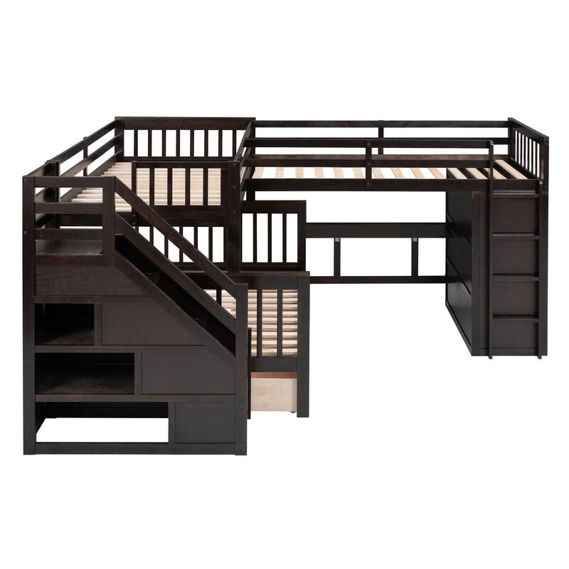 L-Shaped Bunk Bed with Storage Stairs, Fold Desk, Wardrobe, Twin - Twin Over Full Bed with Pull-out Underneath Storage Drawers