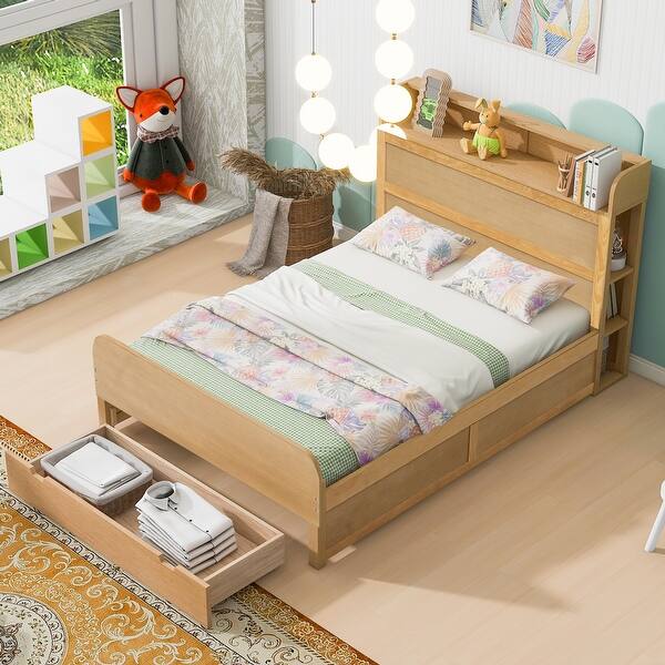 slide 2 of 11, Full Size Platform Bed with Headboard and 1 Drawers Underneath, Wooden Storage Bedframe No Box Spring Needed, Natural Natural - Full