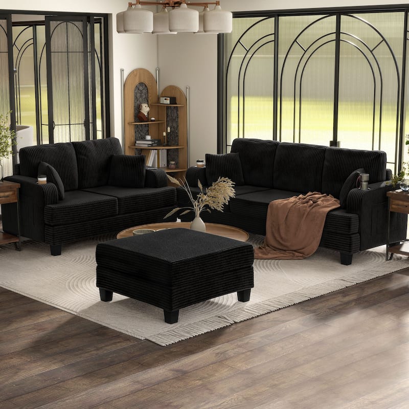 Furniture of America Xenia Modern 3-Piece Chenille Sofa and Ottoman Set - Black