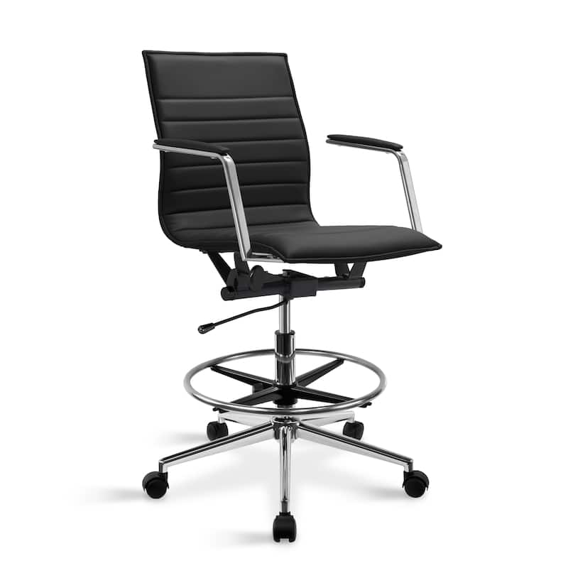 Modern Drafting Chair | Upholstered PU Leather Ribbed Mid Back with Tall Adjustable Base & Leg Rest | Tilt Lock, Swivel |