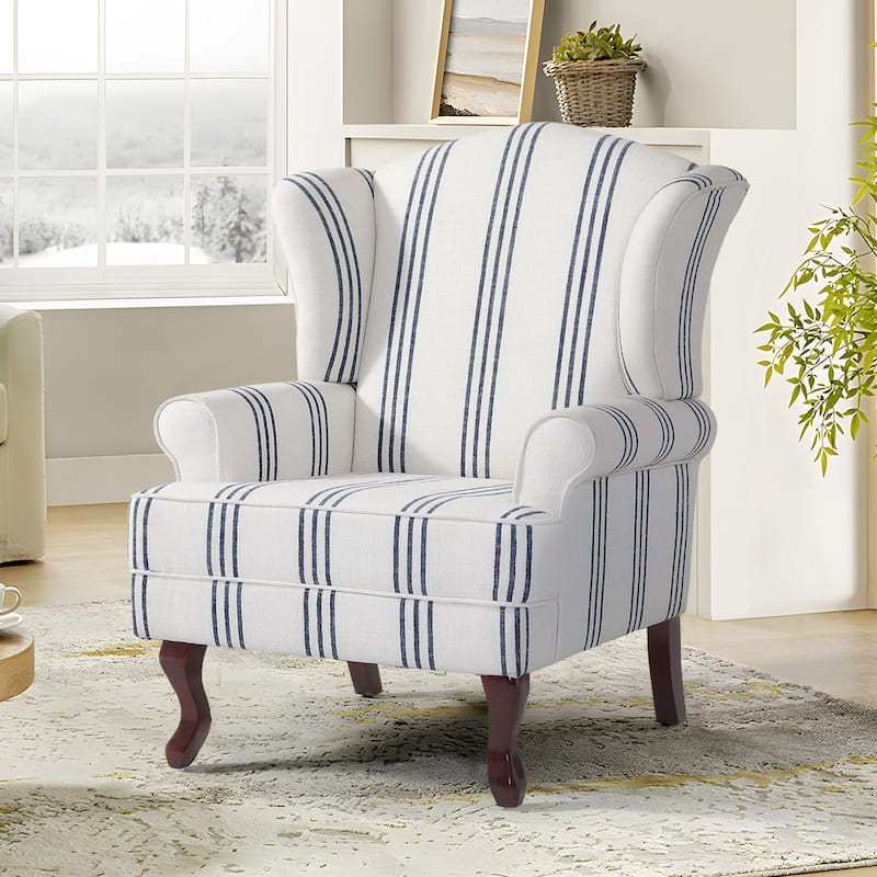 31" W Modern Upholstered Linen Wing Back Accent Chair with Rolled Arm - Striped Navy-Linen