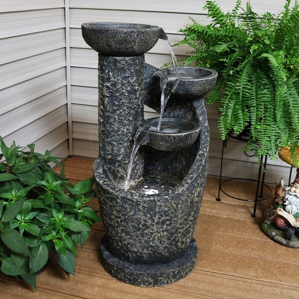 Sunnydaze 3-Tier Modern Spiraling Bowls Outdoor Fountain with Lights - 32-Inch