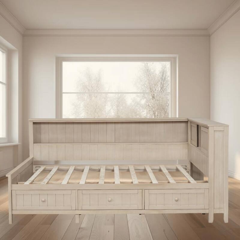 Sturdy Wood Platform Frame Daybed with Storage Shelves and 3 Drawers, Space-Saving Design for Bedroom or Guest Room - Antique White - Full