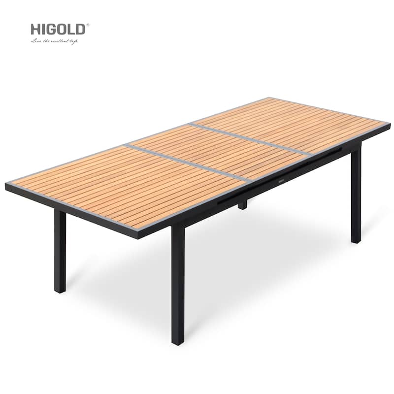 HIGOLD Teak Aluminum 1-Piece Extendable Patio Dining Table, Outdoor Furniture for 8