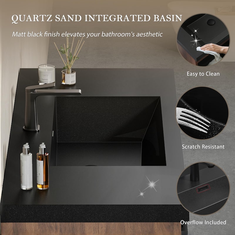 24''/30''/36''/42'' Floating Vanity,Smoked Walnut Storage Cabinet with Soft-Close Drawers,Black Quartz Sand Sink,Wall-Mounted