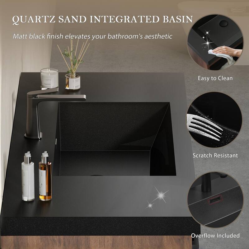 GDFStudio - Carson 24-Inch Floating Bathroom Vanity with Quartz Sand Basin and Fluted Storage Drawer