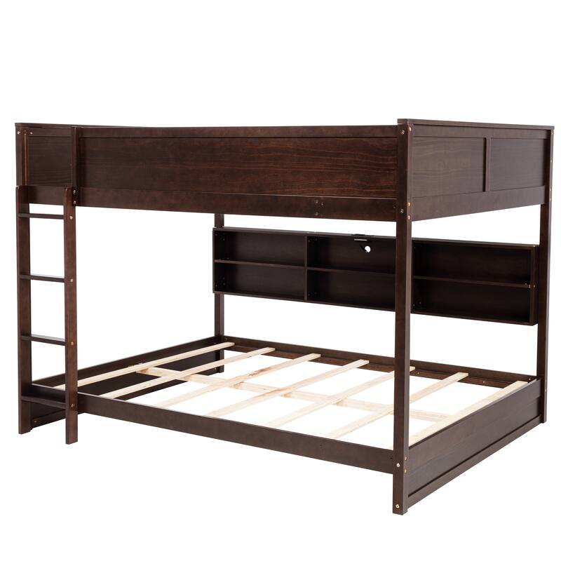 Roomfitters Queen Over Queen Bunk Bed with Storage Cabinets and Charging Station, Solid Pine Wood Bunk Bed