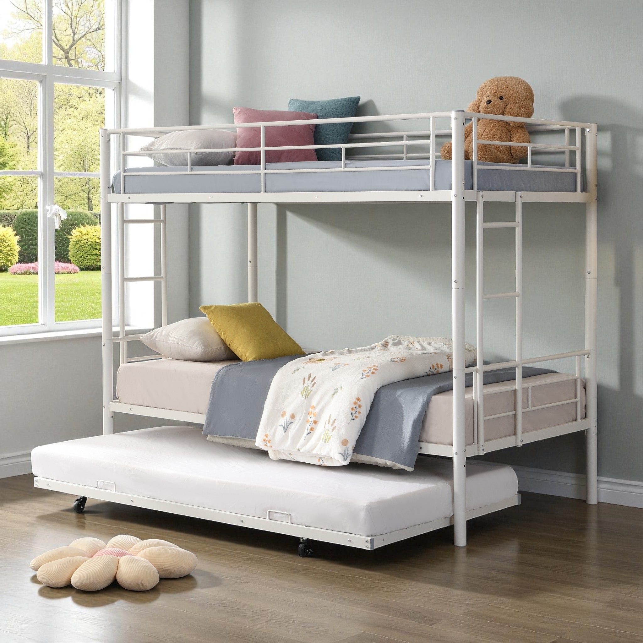 Twin Over Twin Over Twin Metal Bunk Bed with Trundle, Safe Stairs, No Box Spring Needed, Easy Assembly, Space-Saving Design