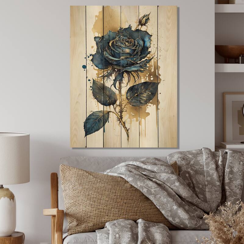 Designart 'Blue And Gold Painted Rose On White II' Floral Rose Wood ...