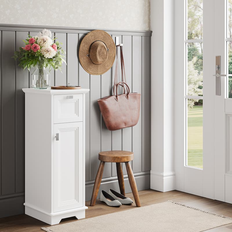 Slim Cabinet with Layered Door and Drawer - White