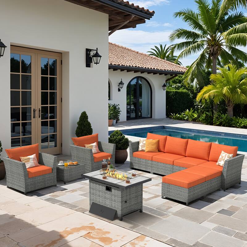 XIZZI 10-piece Outdoor Furniture Rattan Wicker Sectional Sofa with Fire Pit - Red/Orange