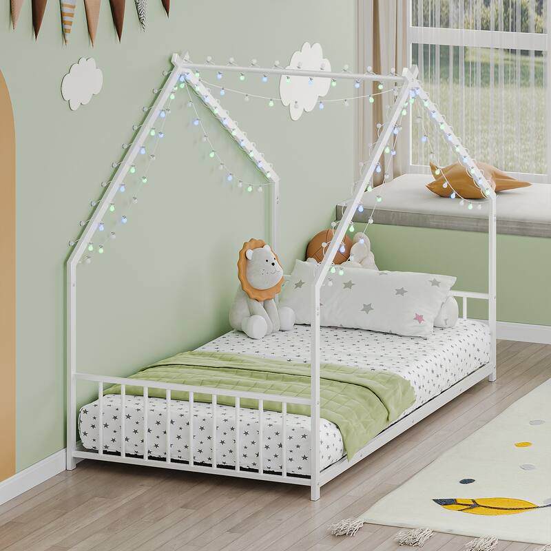 Roof-Shaped Iron Frame Floor Bed With Led Light Strips