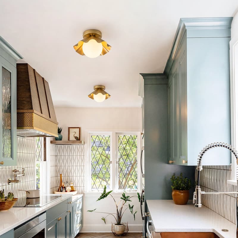 Modern industrial 1-Light Flush Mount Ceiling Light with Opal Glass Shape - Gold - 9.1" W × 6.3" H