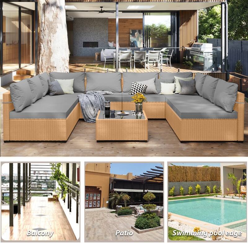 Patio Watcher Patio Conversation Set 9-Piece Yellow Wicker Sectional Seating Group with Cusions