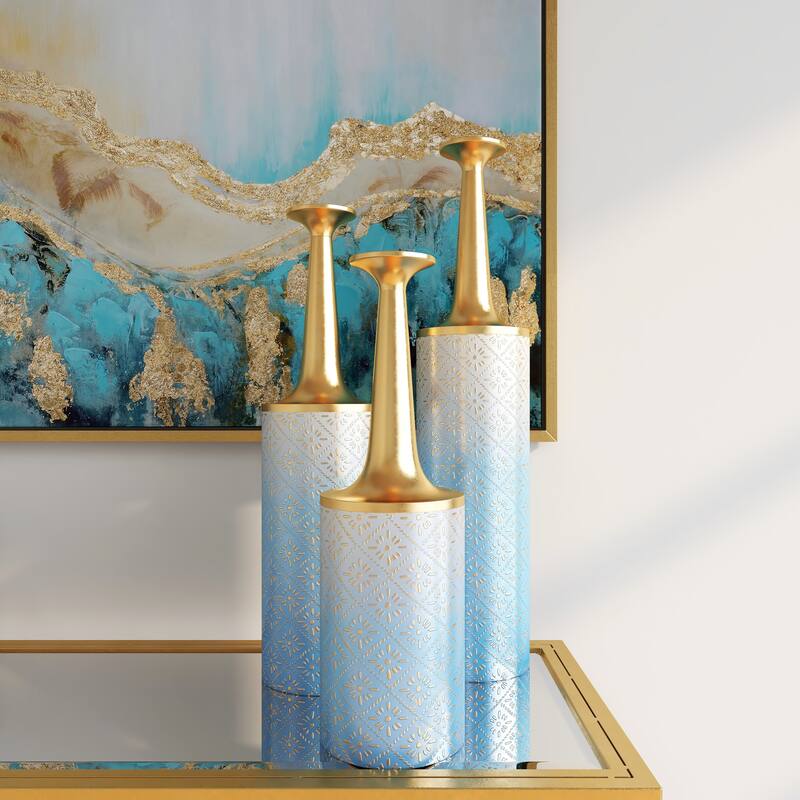 Blue Metal Floral Decorative Vase with Gold Top (Set of 3)