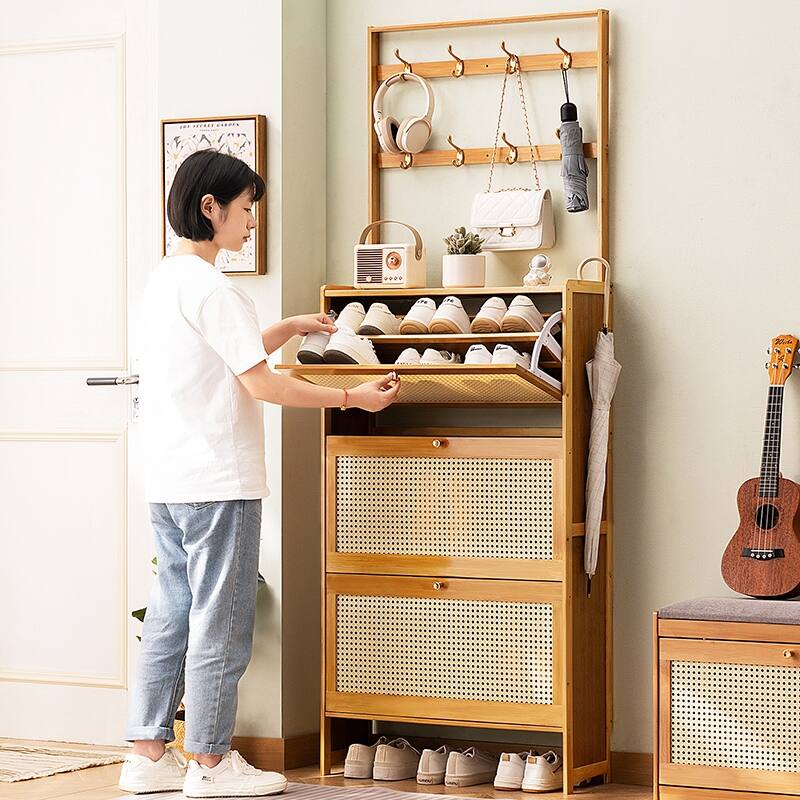 Shoe Cabinet with 3 Rattan Flip Drawers, Shoe Storage Cabinet with Coat Hooks, Freestanding Bamboo Shoe Rack Organizer