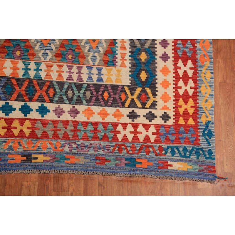 All-Over Geometric Kilim Oriental Large Rug Flatweave Wool Carpet - 10'0"x 15'9"