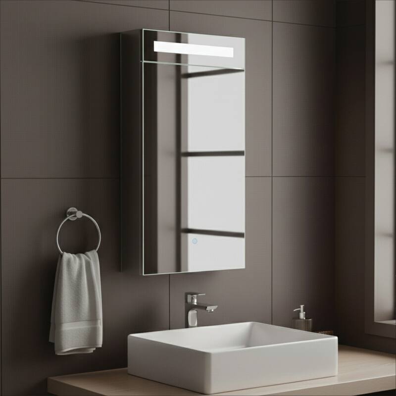 Bathroom Medicine Cabinet, Aluminum, Recessed/Surface Mount, Mirrored Interior w/LED - 24 x 30 - Right Hand