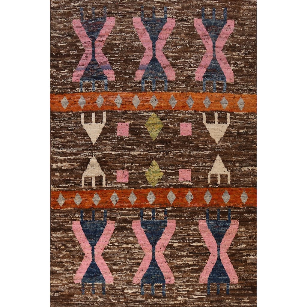 Brown Geometric Moroccan Area Rug Hand-Knotted Wool Carpet - 6'10" x 9'10"