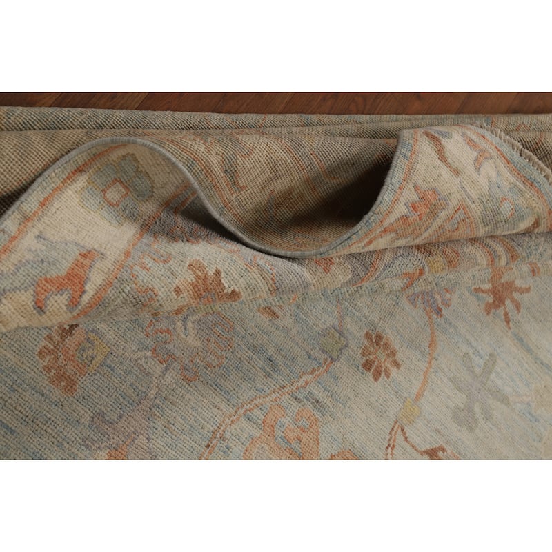 Blue Vegetable Dye Oushak Turkish Rug Hand-Knotted Floral Wool Carpet - 9'2"x 12'3"