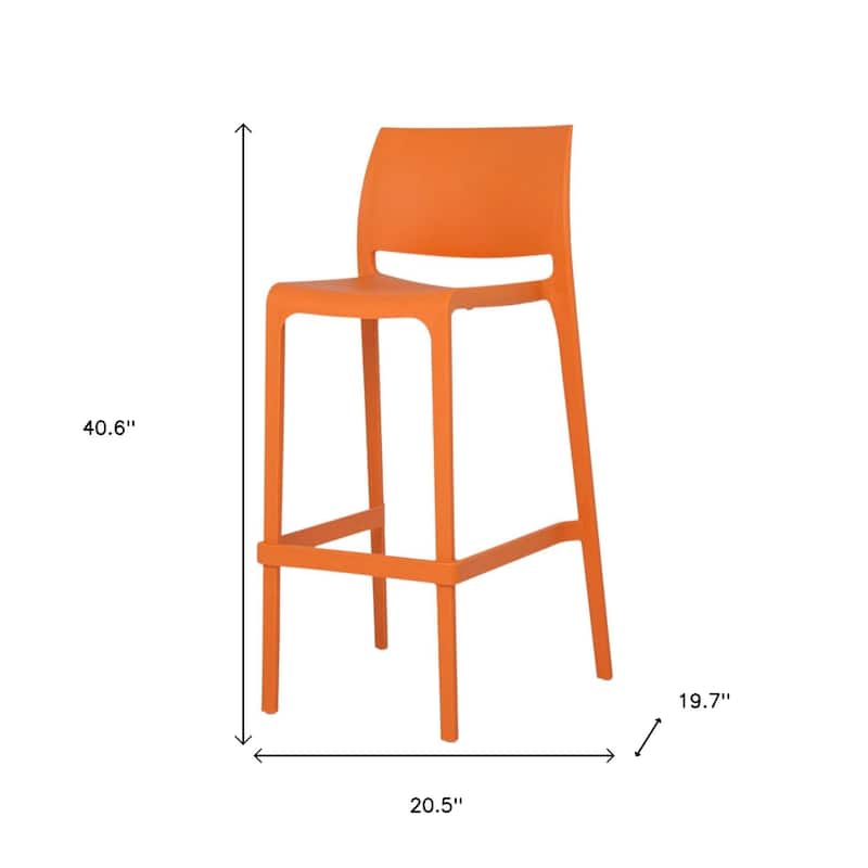 HomeRoots Set of Two 30" Orange Heavy Duty Plastic Low Back Outdoor Bar Height Chairs