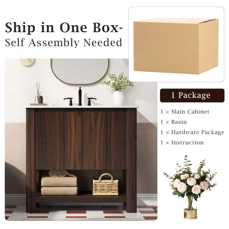 Large Storage Vanity Cabinet for Bathroom with 45 Degrees Free-Handle Design Soft-Closing Doors and Open Shelf at the Bottom