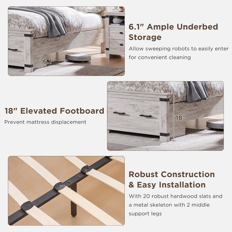 Farmhouse Wood Bed Frame with 54" Tall Headboard, 2 Large Drawers