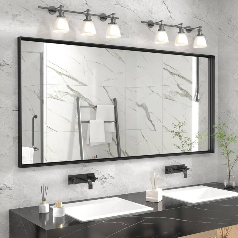 Full Size Metal Frame Wall Mirror Black Tempered Glass for Bathroom - 28x60