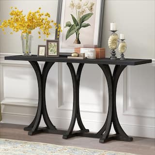 Wooden Console Table, Farmhouse Entryway Table with Oak Veneer Top and Rubberwood Curved Legs