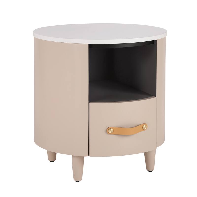 Contemporary Round Nightstand - Storage Drawer + Open Shelf, Curved Design, Easy Assembly (Khaki)