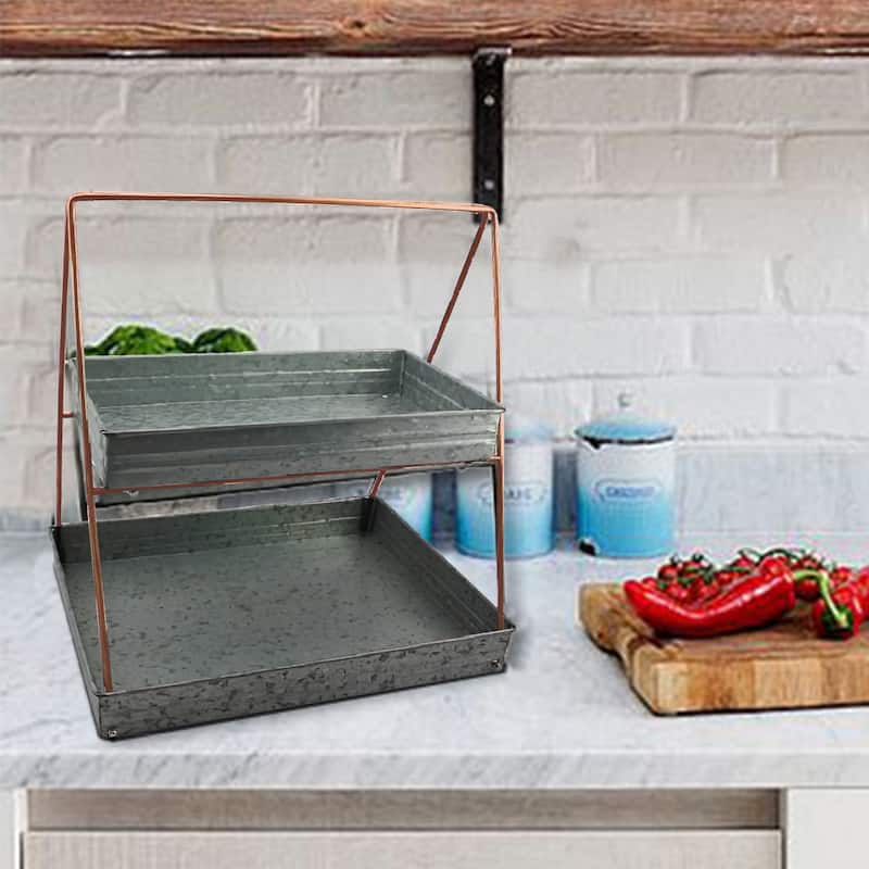 Galvanized Metal 2 Tiered Rectangular Serving Tray, Gray