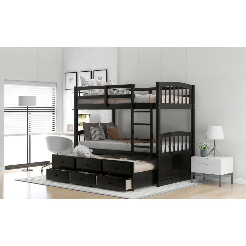 Twin Over Twin Wood Bunk Bed with Trundle and Drawers, Espresso Finish