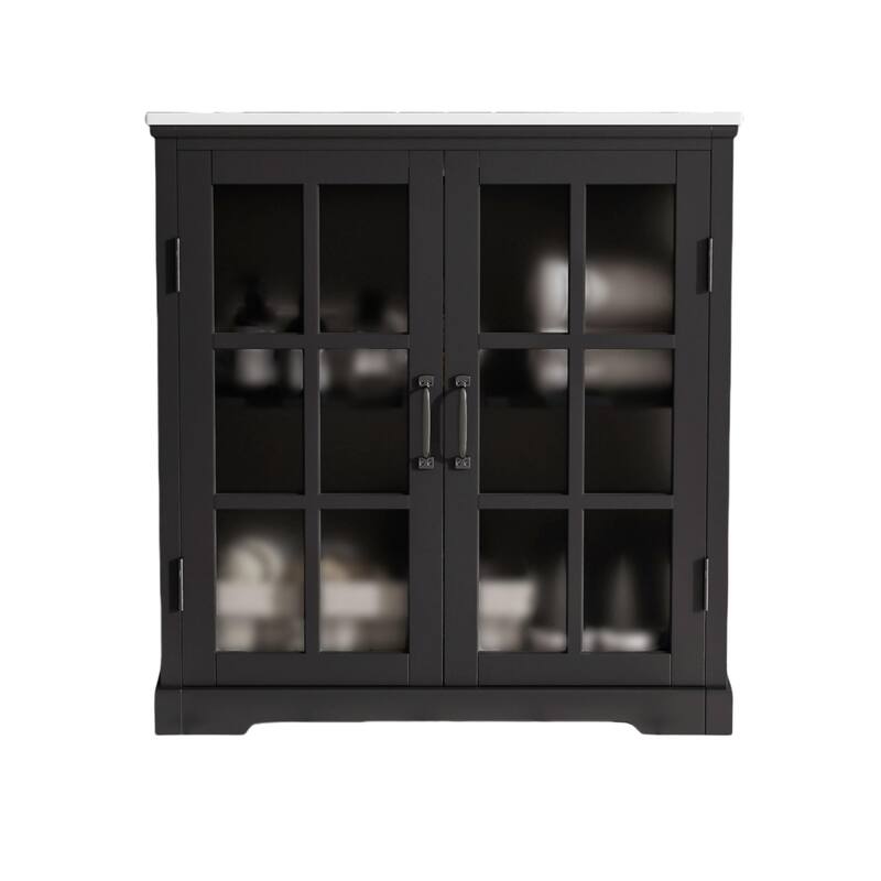 Bathroom Vanity with Ceramic Sink, Bathroom Vanity Cabinet with Tempered Blurred Glass and Matte Black Handles