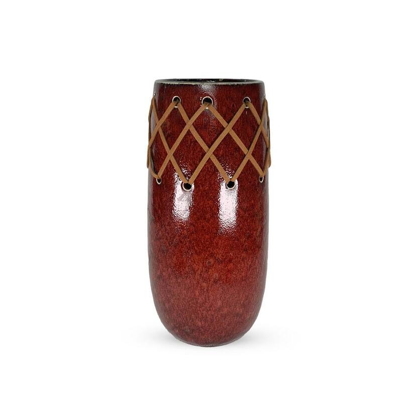 Southwestern Glazed Red Ceramic Vase with Brown Leather Stitching