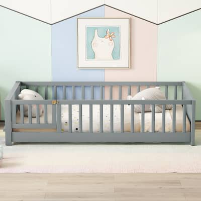 Twin size Floor Platform Bed with Built-in Book Storage Rack, Door
