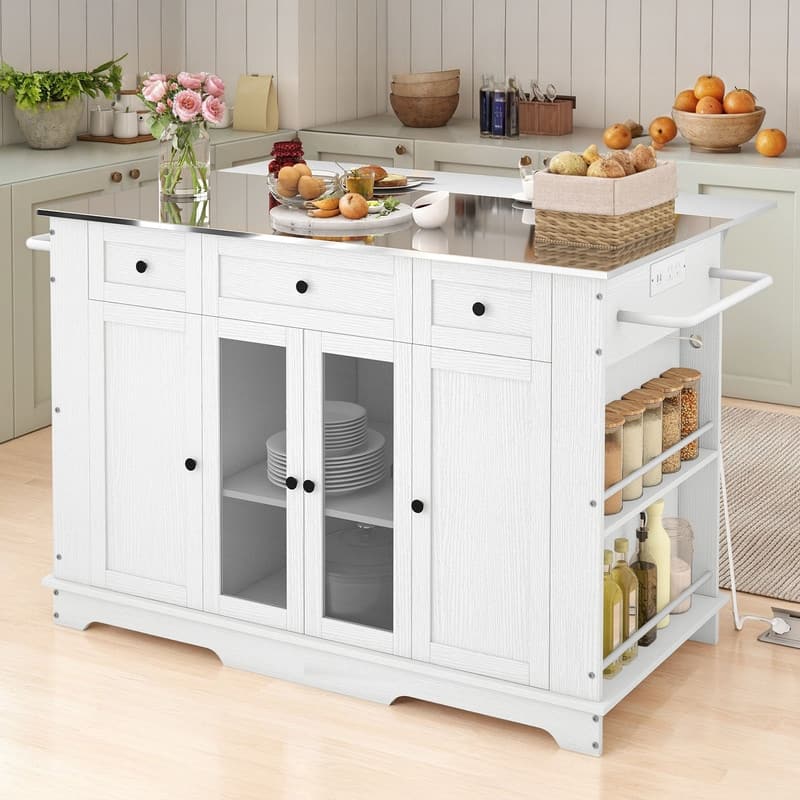 Moasis Kitchen Island with Stainless Steel Top & Power Outlet - White