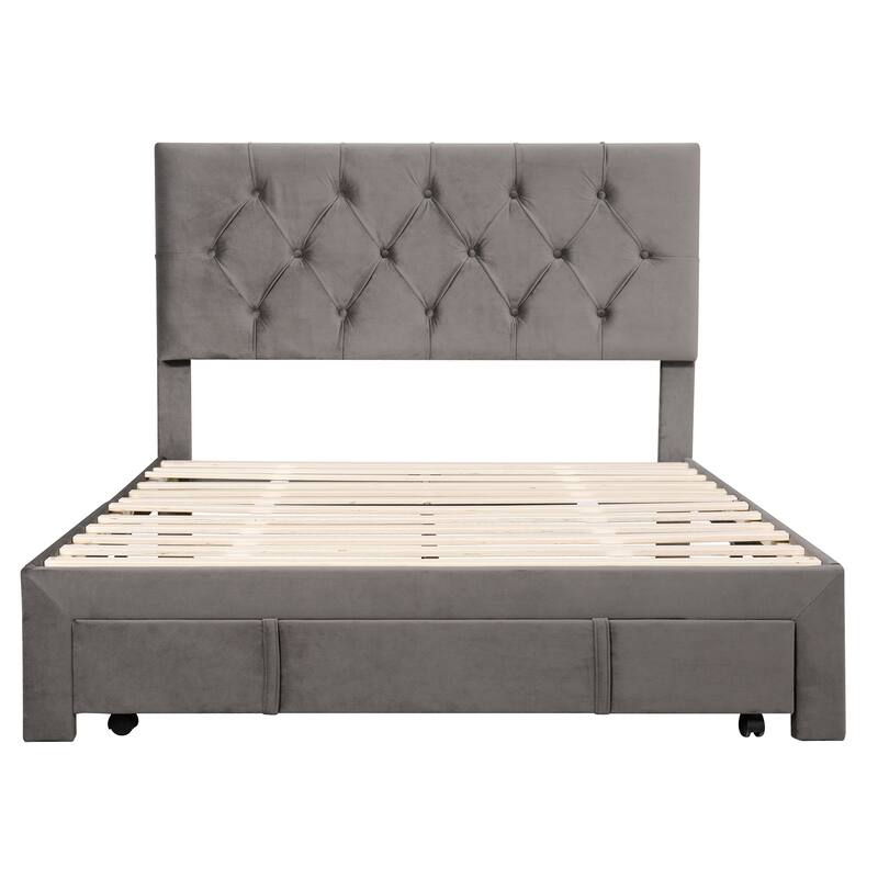 Storage Bed Velvet Upholstered Platform Bed with a Big Drawer