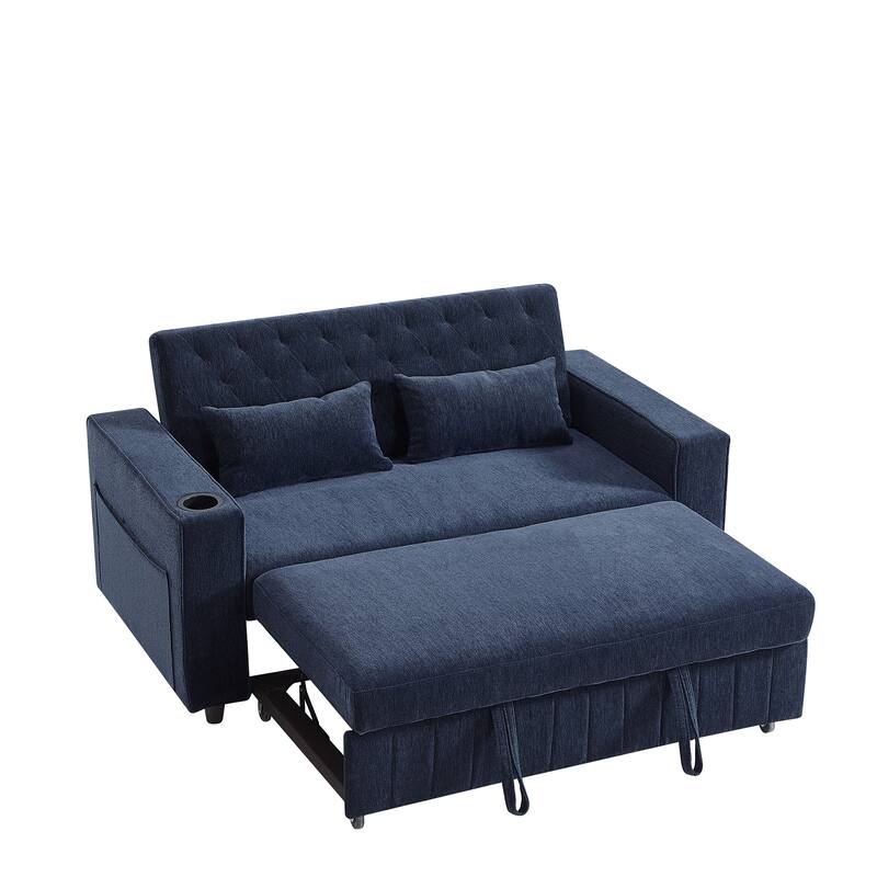 61.41" Chenille Convertible Sofa Bed with Adjustable Backrest, USB & Cup Holders