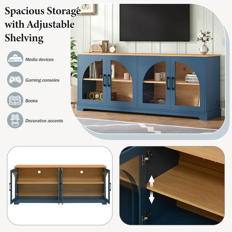 Farmhouse TV Stand with Semi-Arched Glass Doors for TVs Up to 70",Adjustable Shelves,Wood Grain Sideboard with Cable Management