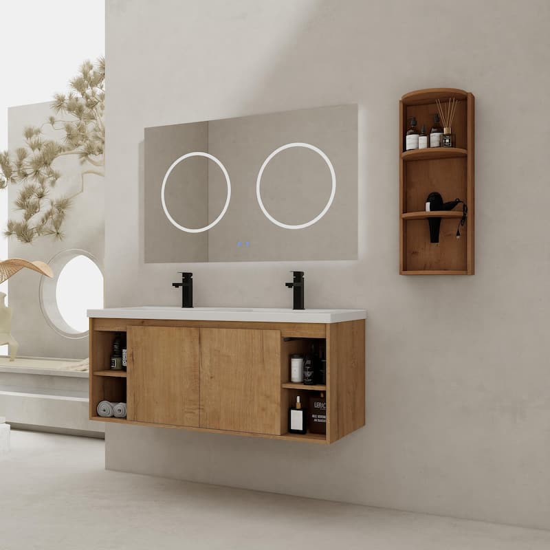 48" Wall-Mounted Bathroom Vanity With Double Sink and Storage Rack, Soft Close Doors,Combination Cabinet - Imitative Oak