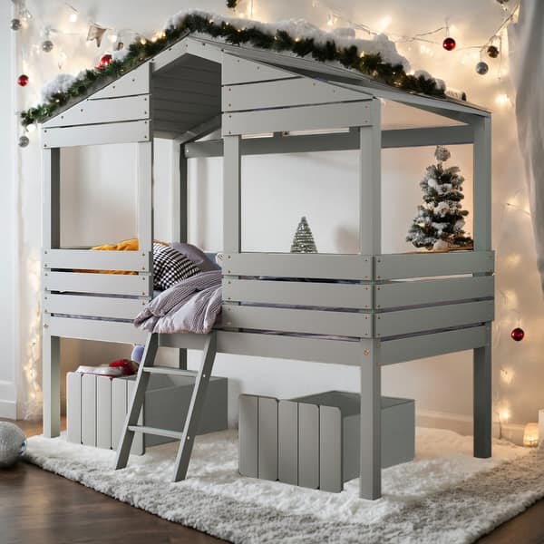 slide 2 of 12, Twin Size Low Loft Wood House Bed with Two Drawers, Grey Grey