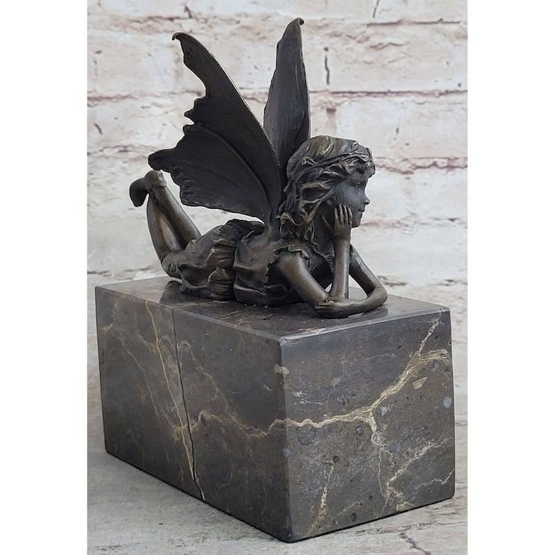Fairy Child Young Girl Laying Down In Thought Bronze Metal Figure Statue Sculpture Marble Base