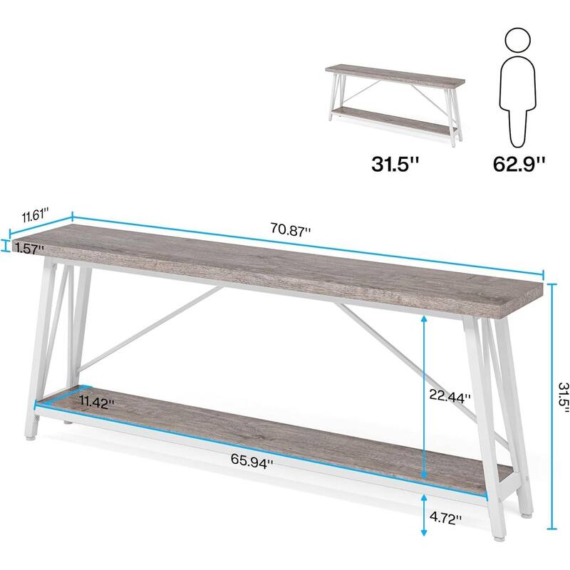Heavy Duty 70-inch Industrial Brown Wood Top Sofa Table with White Metal Frame