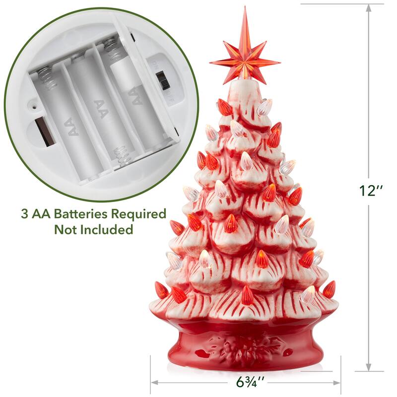 12in Hand Painted Ceramic Christmas Tree PreLit Tree with Star