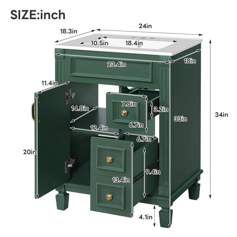 24" Bathroom Vanity With Ceramic Sink,Small Bathroom Sink Cabinet,Modern Cabinet With 2 Drawers And Adjustable Shelf