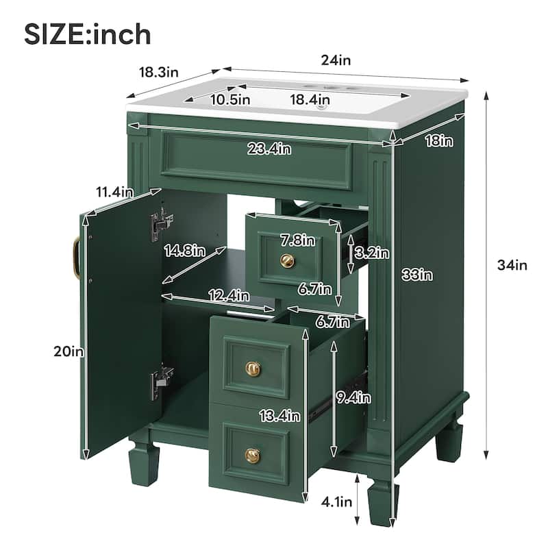 24" Bathroom Vanity with Ceramic Sink Bathroom Storage Cabinet with 2 Drawers and Adjustable Shelf